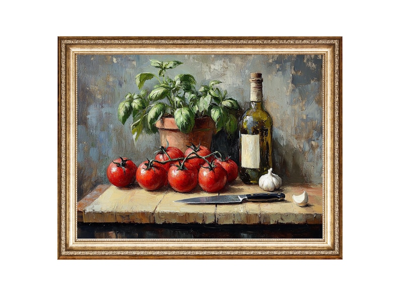 Pode incluir: Uma pintura de natureza morta de uma imagem emoldurada de uma mesa com uma garrafa de vinho, um cacho de tomates vermelhos, uma faca e um vaso de manjeric&atilde;o.