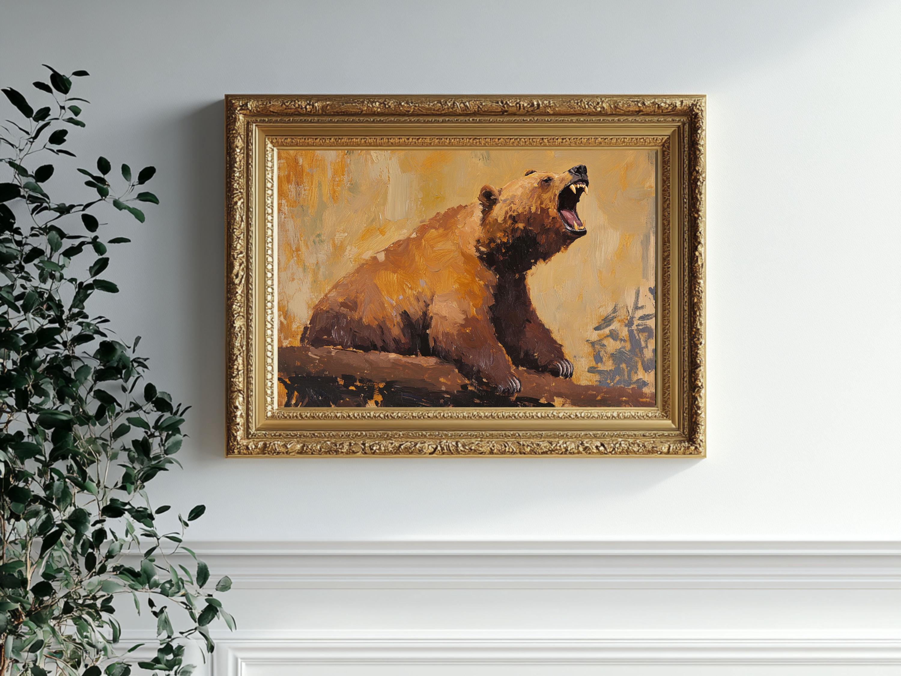 Brown Bear Roaring Wildlife Art Print, Grizzly Bear Oil Painting ...