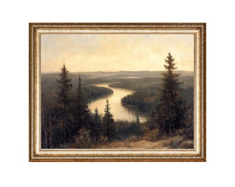Vintage River Landscape Oil Painting Print, Cottagecore Wall Art (Digital Download)