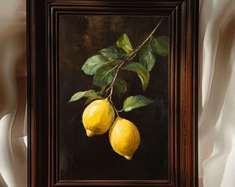 ヴィンテージレモンの静物画、素朴なフルーツの油絵（デジタル