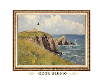 Vintage Lighthouse Seascape Oil Painting Print, Coastal Cottagecore Wall Art (Digital Prints)