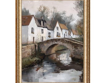 Vintage European Village Painting Cottage Wall Art Printable Digital Download