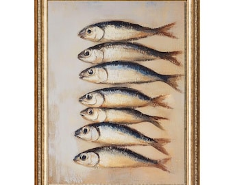 Vintage Fish Still Life Oil Painting, Coastal Cottagecore Wall Art (Digital Prints)