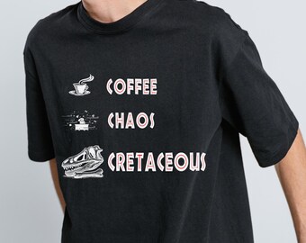 Coffee Chaos Cretaceous T-Rex Shirt: Funny Dinosaur Tee