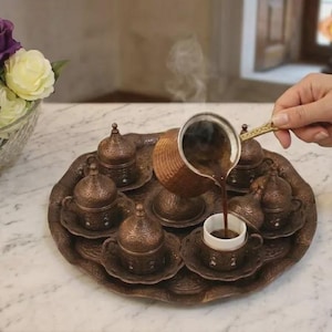 Authentic Turkish Copper Coffee Set | Handmade Ottoman Coffee Pot & Cups | Turkish Heritage Gift | Luxury Coffee Lover Present