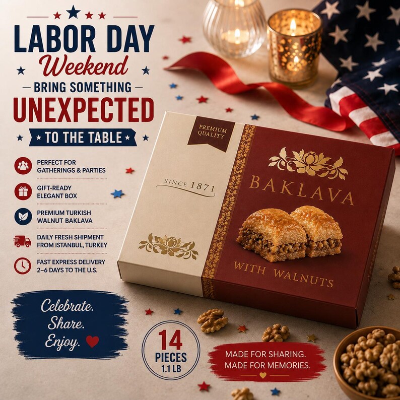 Puede incluir: Una caja rectangular de baklava de nuez con un dise&ntilde;o en crema y rojo oscuro con texto dorado que dice BAKLAVA WITH WALNUTS y SINCE 1871. La caja muestra dos piezas de hojaldre y la indicaci&oacute;n 14 PIECES 0.5 kg. Incluye detalles florales.