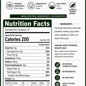 May include: An informational graphic for Assorted Baklava, an authentic Turkish dessert. The label highlights "Handcrafted Premium Ingredients" and includes a nutrition facts panel. The dessert contains wheat, pistachios, walnuts, and milk.