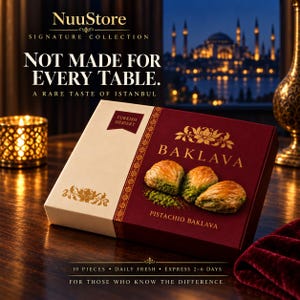 Puede incluir: Una caja rectangular de postre turco NuuStore Signature Collection, con un diseño en granate y crema con texto dorado. La caja muestra la palabra BAKLAVA y PISTACHIO BAKLAVA, con una imagen de tres piezas de baklava hojaldrado y verde.