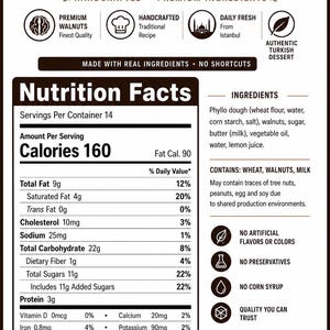 Puede incluir: Una etiqueta de producto rectangular blanca para baklava de nuez con texto marr&oacute;n oscuro. Incluye una tabla de informaci&oacute;n nutricional, lista de ingredientes e iconos de nueces premium, receta artesanal y frescura diaria.