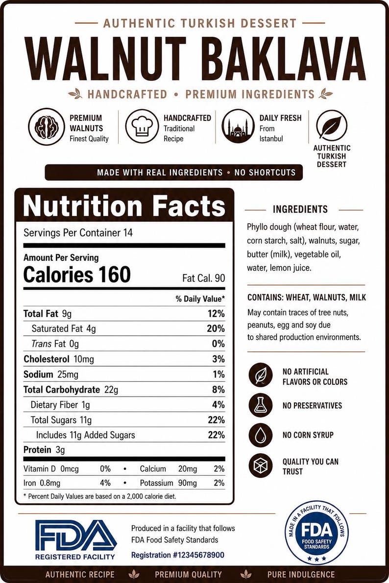 Puede incluir: Una etiqueta de producto rectangular blanca para baklava de nuez con texto marr&oacute;n oscuro. Incluye una tabla de informaci&oacute;n nutricional, lista de ingredientes e iconos de nueces premium, receta artesanal y frescura diaria.