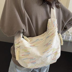 Large Beige Nylon Shoulder Bag, Versatile Travel Crossbody