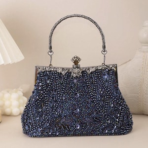 Beaded Rhinestone Evening Bag, Navy Blue Vintage Clutch Purse