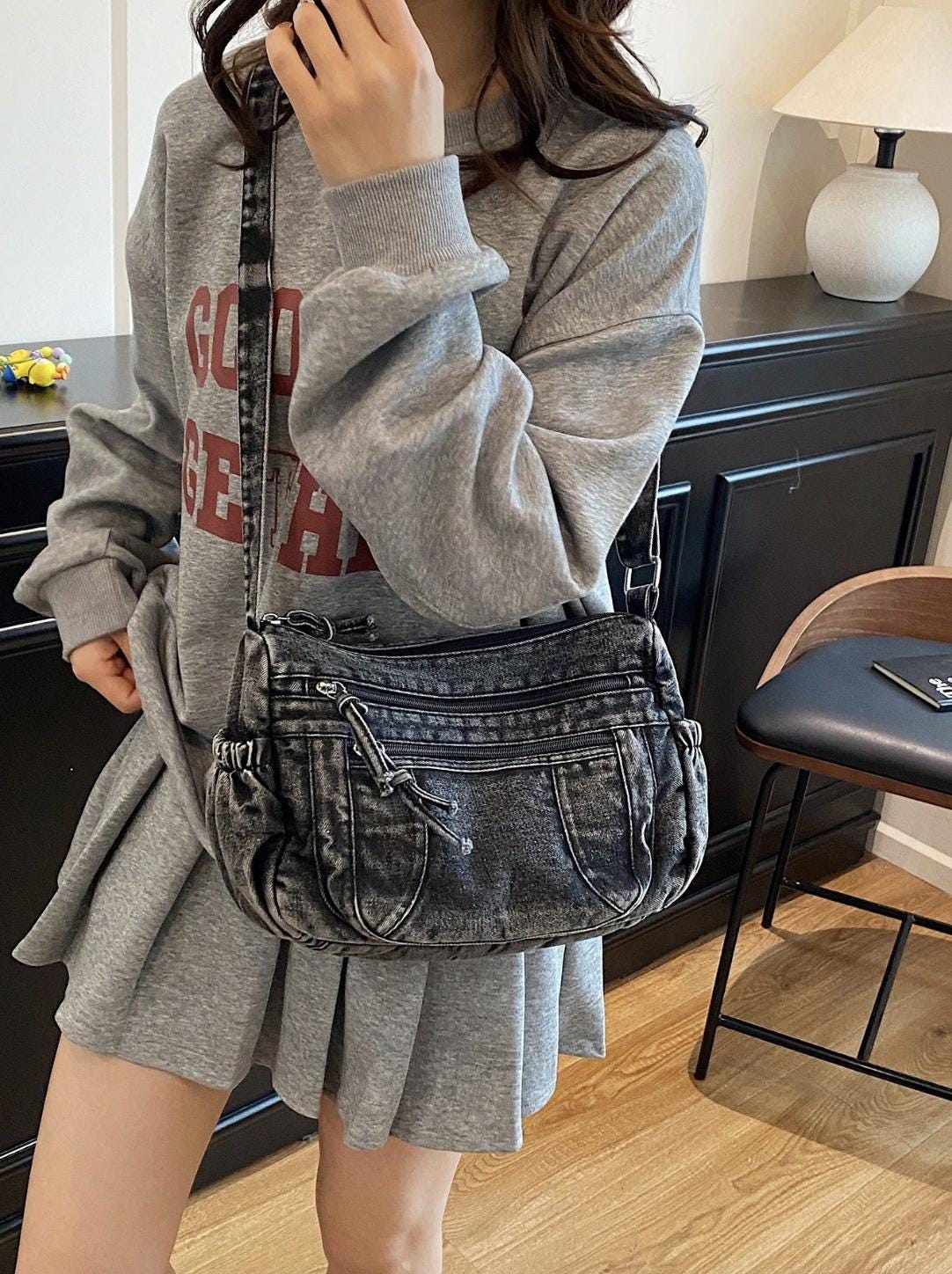 【美品】 デニム　カービング　ハンドバッグ　2way リメイク　y2k Amazon | RuofunaレディースY2Kスターショルダーバッグ
