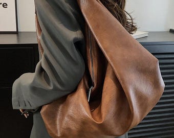 Large Brown Leather Tote Bag Slouchy Hobo Style