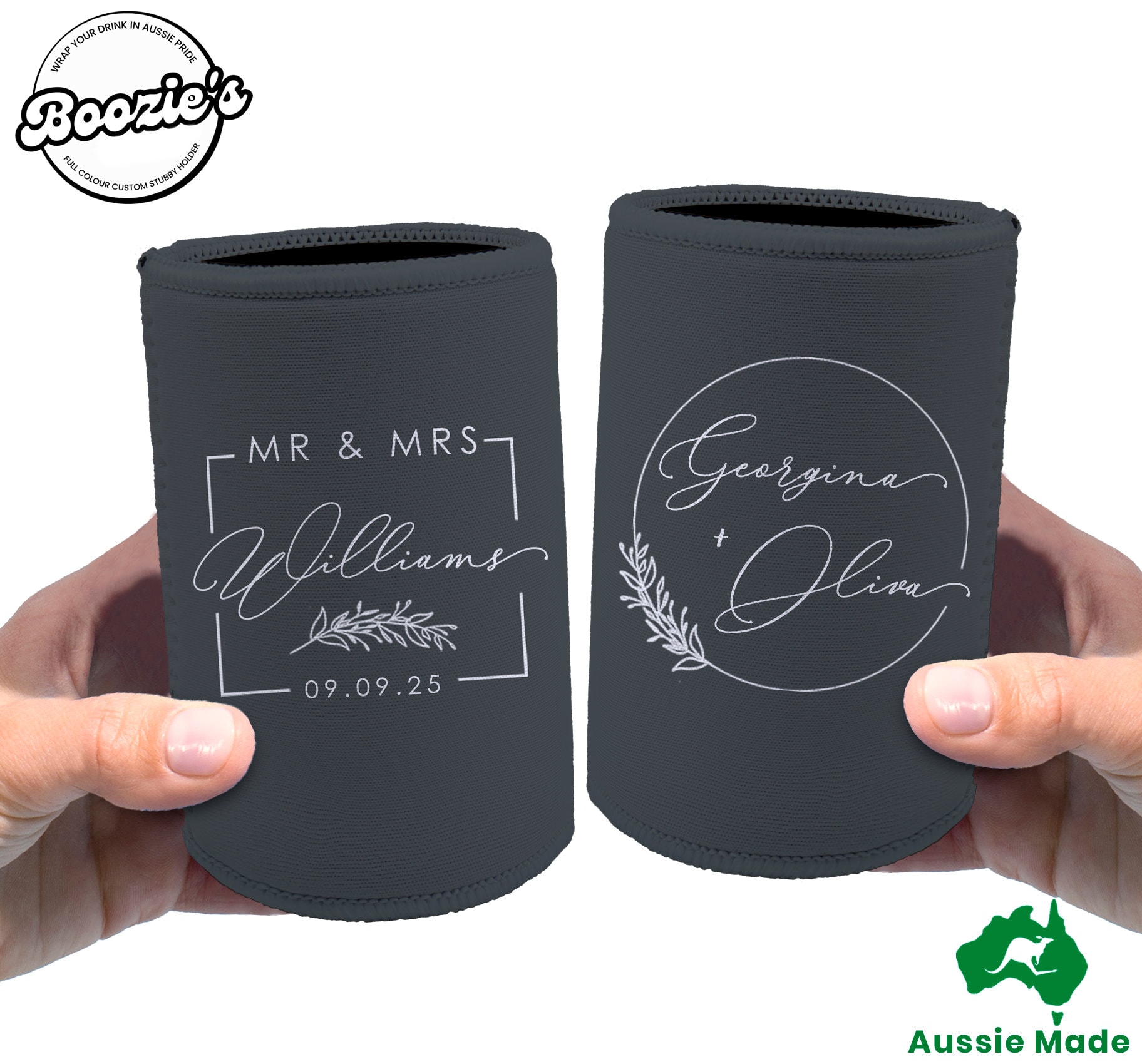 5mm Overlocked Neoprene Wedding Stubby Holder With Base, Personalized Wedding Can Cooler