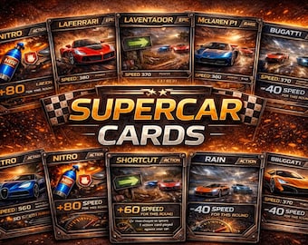 Mazzo di carte stampabile per il gioco di supercar – 32 carte – Gioco di strategia di corse – Carte stampabili fai da te – Gioco per bambini e famiglie