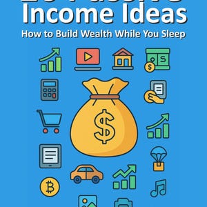 May include: A book cover titled "26 Passive Income Ideas" with the subtitle "How to Build Wealth While You Sleep." The design includes various icons related to finance and wealth creation, set against a blue backdrop.