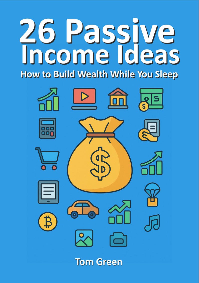 May include: A book cover titled "26 Passive Income Ideas" with the subtitle "How to Build Wealth While You Sleep." The design includes various icons related to finance and wealth creation, set against a blue backdrop.