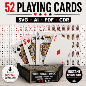 May include: A digital file set of 52 playing cards in SVG, AI, PDF, and CDR formats. The image displays a full poker deck with hearts, diamonds, clubs, and spades, featuring a jack, queen, king, and ace in the foreground and a box labeled Full Poker Deck.