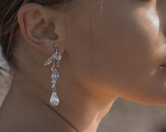 18k White gold Leaf & Pearl Earrings, Silver Earrings, Pearl Earrings, Cute Earrings