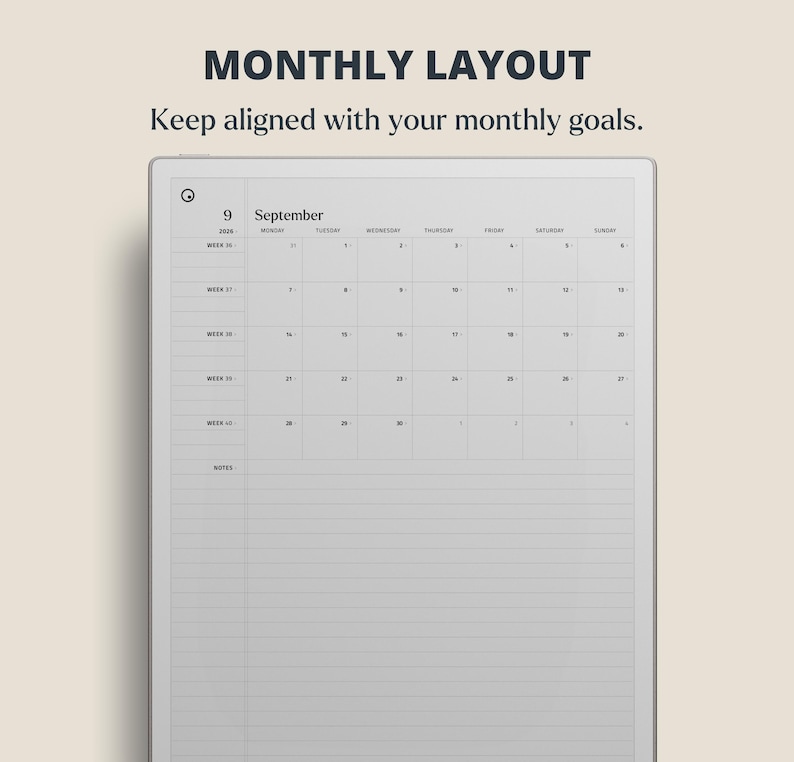 Puede incluir: Un planificador digital que muestra un dise&ntilde;o mensual para septiembre. El texto "MONTHLY LAYOUT" y "Keep aligned with your monthly goals" est&aacute;n en la parte superior. La cuadr&iacute;cula del calendario es gris claro con fechas y espacio para notas.