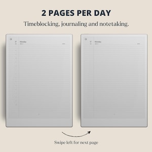 Puede incluir: Se muestran dos blocs de notas digitales rectangulares de color gris claro, uno al lado del otro, cada uno con p&aacute;ginas rayadas. El texto "2 PAGES PER DAY" y "Timeblocking, journaling and notetaking" est&aacute;n en la parte superior. La fecha "17 Monday" es visible en cada bloc de notas. Una flecha indica que se deslice hacia la izquierda para la p&aacute;gina siguiente.