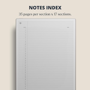 Puede incluir: Un cuaderno digital con el texto "NOTES INDEX" en la parte superior. El cuaderno tiene p&aacute;ginas rayadas con n&uacute;meros en el lado izquierdo. El texto encima del cuaderno dice "35 p&aacute;ginas por secci&oacute;n x 17 secciones."