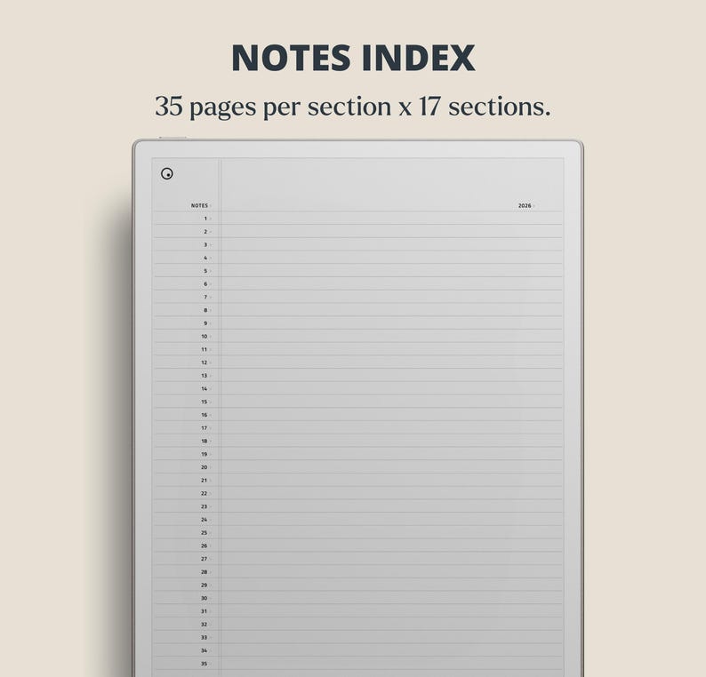 Puede incluir: Un cuaderno digital con el texto "NOTES INDEX" en la parte superior. El cuaderno tiene p&aacute;ginas rayadas con n&uacute;meros en el lado izquierdo. El texto encima del cuaderno dice "35 p&aacute;ginas por secci&oacute;n x 17 secciones."