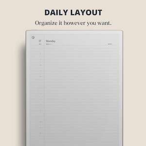 Puede incluir: Una tableta digital que muestra un dise&ntilde;o diario con el texto "DAILY LAYOUT" y "Organize it however you want." La pantalla muestra una p&aacute;gina rayada con la fecha 17 de agosto, lunes. La tableta tiene un borde blanco y un fondo beige claro.
