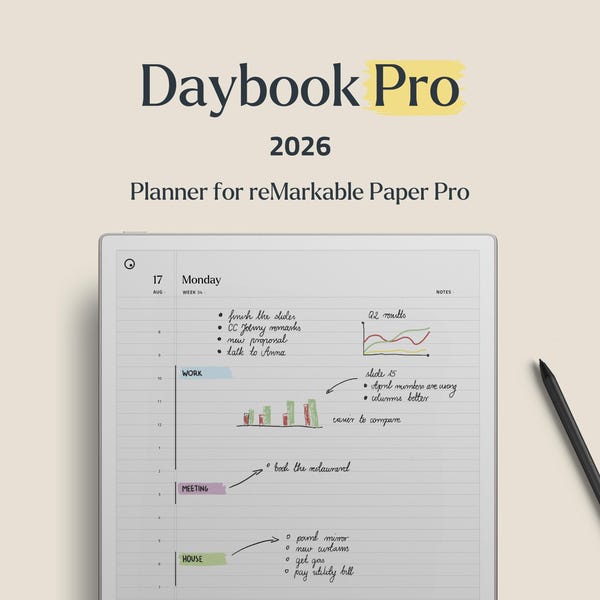 Plantilla Daybook Pro 2026, planificador diario digital para tableta reMarkable Paper Pro.