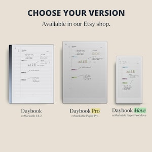 Puede incluir: Imagen de tres cuadernos digitales con notas manuscritas y gr&aacute;ficos. Los cuadernos est&aacute;n etiquetados como "Daybook", "Daybook Pro" y "Daybook Move". El texto "Choose Your Version" y "Available in our Etsy shop" est&aacute; en la parte superior.