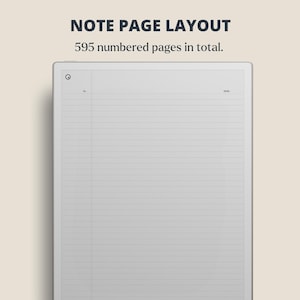 Puede incluir: Un bloc de notas digital con un dise&ntilde;o de p&aacute;gina rayada. El texto en la parte superior dice "NOTE PAGE LAYOUT" y "595 p&aacute;ginas numeradas en total."