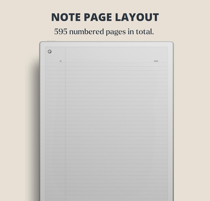 Puede incluir: Un bloc de notas digital con un dise&ntilde;o de p&aacute;gina rayada. El texto en la parte superior dice "NOTE PAGE LAYOUT" y "595 p&aacute;ginas numeradas en total."