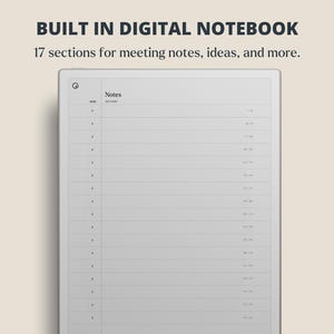 Puede incluir: Un cuaderno digital con el texto "BUILT IN DIGITAL NOTEBOOK" y "17 secciones para notas de reuniones, ideas y m&aacute;s." La pantalla muestra una lista de secciones bajo el t&iacute;tulo "Notas". El dispositivo es blanco.