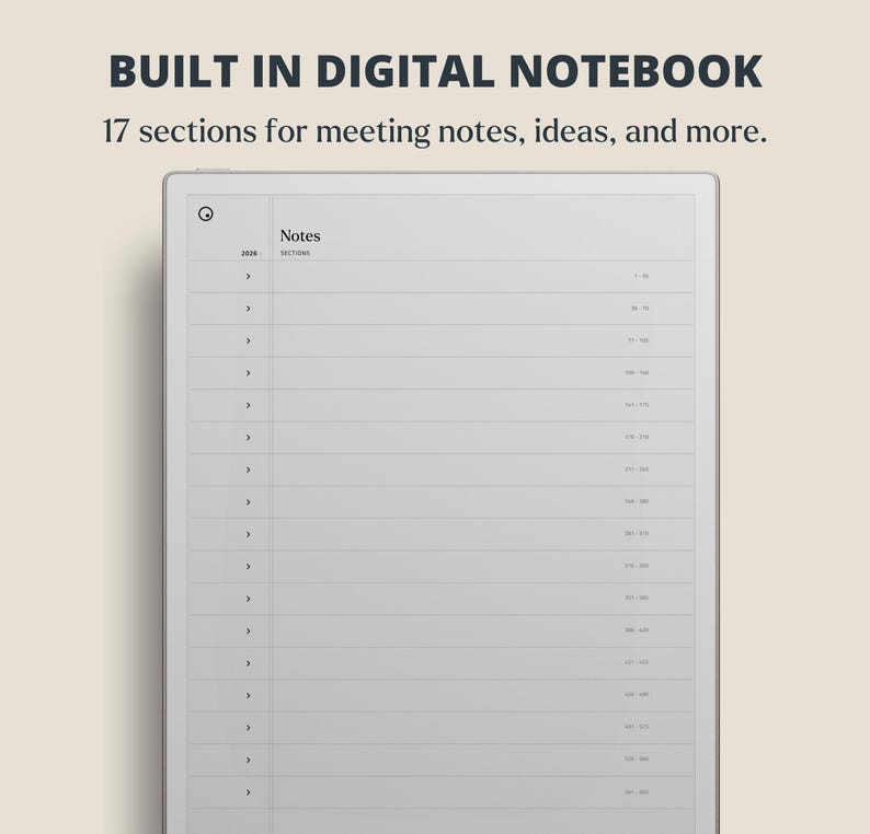 Puede incluir: Un cuaderno digital con el texto "BUILT IN DIGITAL NOTEBOOK" y "17 secciones para notas de reuniones, ideas y m&aacute;s." La pantalla muestra una lista de secciones bajo el t&iacute;tulo "Notas". El dispositivo es blanco.