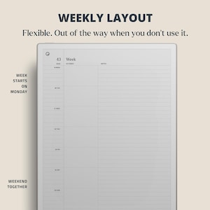 Puede incluir: Un planificador semanal digital con un dise&ntilde;o minimalista. El dise&ntilde;o incluye secciones para cada d&iacute;a de la semana, con espacio para notas. El texto en la parte superior dice "WEEKLY LAYOUT" y "Flexible. Out of the way when you don't use it."
