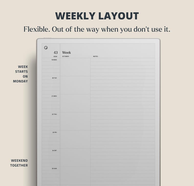 Puede incluir: Un planificador semanal digital con un dise&ntilde;o minimalista. El dise&ntilde;o incluye secciones para cada d&iacute;a de la semana, con espacio para notas. El texto en la parte superior dice "WEEKLY LAYOUT" y "Flexible. Out of the way when you don't use it."
