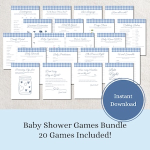 Blue Gingham | Baby Shower Games Bundle | 20 Fun Games + Advice Slips + 8 Answer Keys