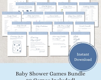 Paquete de juegos Blue Gingham / Baby Shower / 20 juegos divertidos + hojas de consejos + 8 claves de respuestas