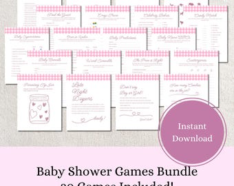 Pink Gingham | Baby Shower Games Bundle | 20 Fun Games + Advice Slips + 8 Answer Keys