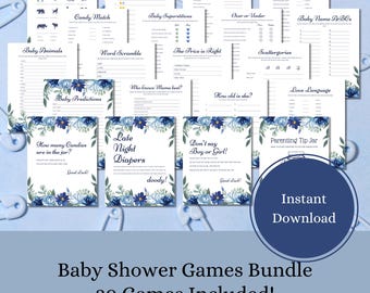 Puede incluir: Un paquete imprimible de 20 juegos para baby shower con un diseño floral azul y blanco. Los juegos incluyen títulos como "Estimación de la gestación", "Coincidencia de dulces", "Supersticiones de bebés", "El precio es correcto", "¿Qué edad tiene ella?", "Pañales nocturnos", "¡No digas niño o niña!" y "Tarro de consejos para padres".