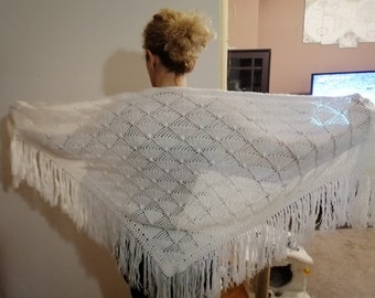 White Vintage Triangle Hand Knitted Bridal Shawl, Unique Large Shawl