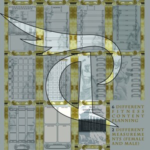 May include: A printable fitness planner with a gold and grey colour scheme. The planner includes sections for tracking weight, meals, exercise, and body measurements. The planner features a Greek god and goddess theme.