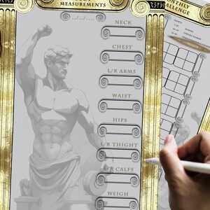 May include: A printable fitness tracker with a gold border and a drawing of a muscular figure lifting weights. The tracker includes sections for recording measurements for neck, chest, arms, waist, hips, thighs, calves, and weight.