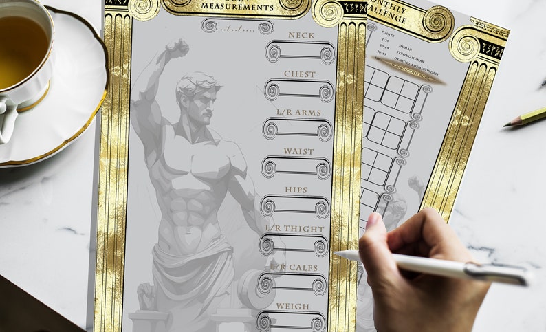May include: A printable fitness tracker with a gold border and a drawing of a muscular figure lifting weights. The tracker includes sections for recording measurements for neck, chest, arms, waist, hips, thighs, calves, and weight.