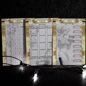 May include: Three white printable trackers with gold accents. The trackers are for a monthly challenge, weight loss tracking, and body measurements. The trackers feature a stylised image of a woman lifting weights.