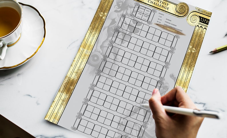 May include: A printable monthly fitness challenge tracker with a gold border and a stylised image of a person lifting weights. The tracker has a grid of squares for marking off days of the month.