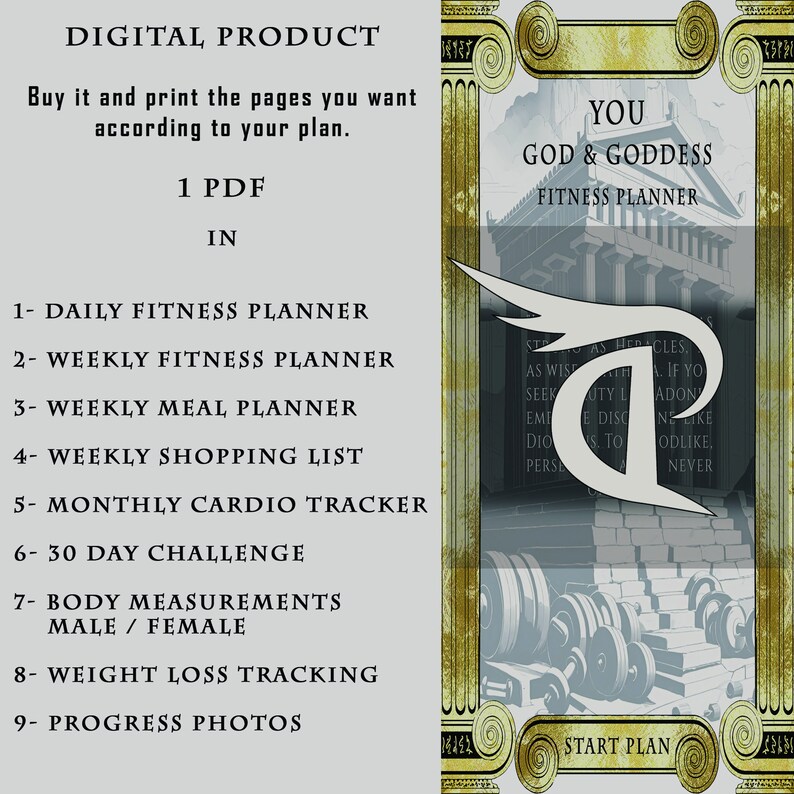 May include: A digital fitness planner for men and women. The planner includes a daily fitness planner, weekly fitness planner, weekly meal planner, weekly shopping list, monthly cardio tracker, 30-day challenge, body measurements, weight loss tracking, and progress photos. The planner is available as a PDF download.