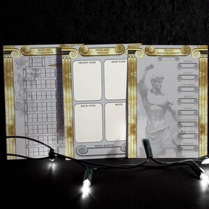 May include: Three printable fitness tracker sheets with a gold and white design. The sheets include a monthly challenge, progress photos, and body measurements.