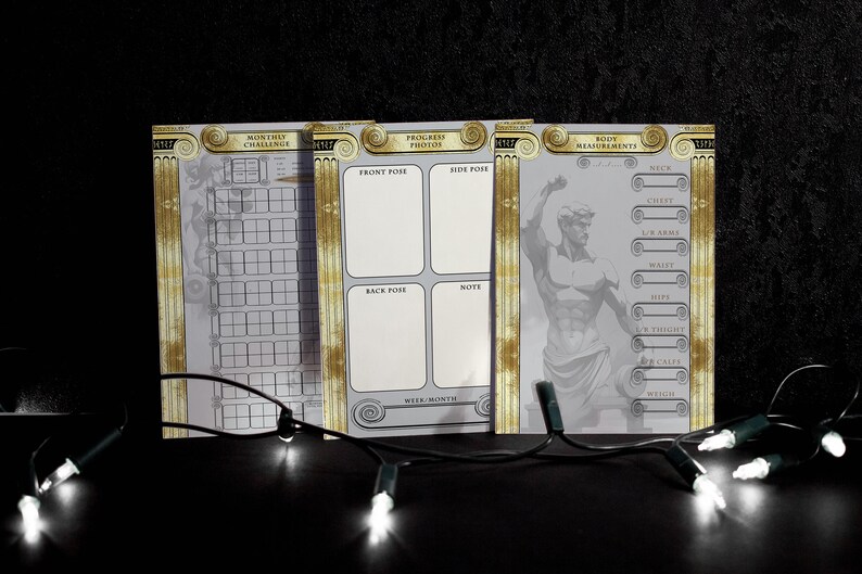 May include: Three printable fitness tracker sheets with a gold and white design. The sheets include a monthly challenge, progress photos, and body measurements.